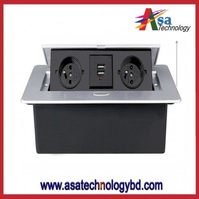 Table Pop Up Power Box-Conference Damped Multimedia Outlet Connection Box, POP-UP 2 French / Polish Socket 2 USB Charge Port Office Table Outlet Silver / Matte Black Cover